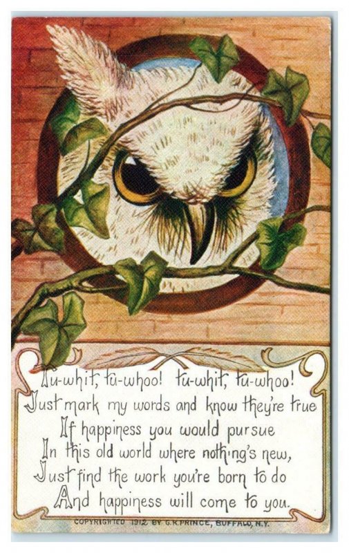 Arts & Crafts  OWL & Poem 1912 Postcard: JUST FIND the WORK You're BORN TO DO 
