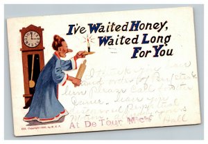 Vintage 1906 Postcard Woman in the Night Waits up for Husband Grandfather Clock