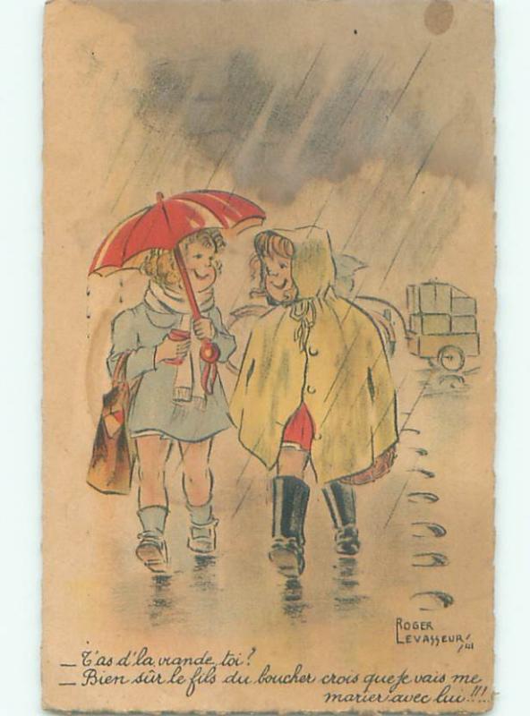 foreign Old Postcard signed FRENCH GIRLS WALKING UNDER UMBRELLA AC3179