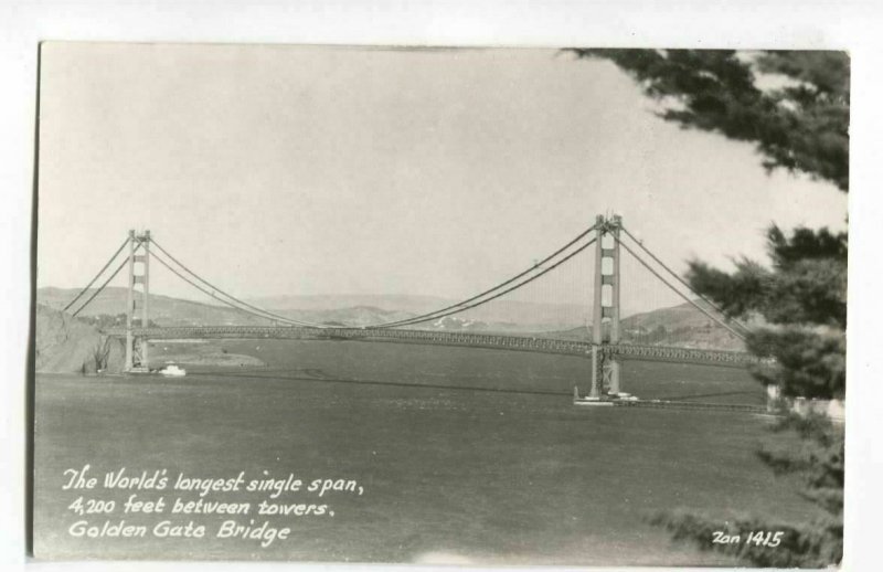 RPPC Postcard World's Longest Single Span Golden Gate Bridge  San Francisco CA