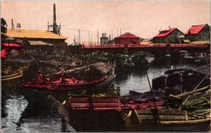 Postcard Native Boats at the Bridge of Yokohama Japan