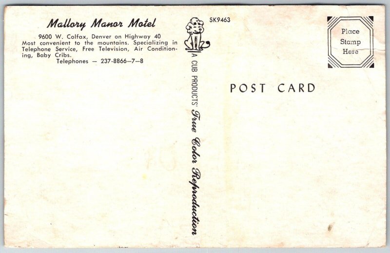 Denver Colorado 1950s Postcard Mallory Manor Motel