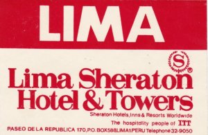 Peru Lima Sheraton Hotel & Towers Vintage Luggage Label lbl0952 