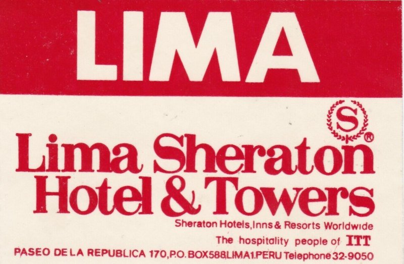 Peru Lima Sheraton Hotel & Towers Vintage Luggage Label lbl0952