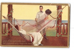 Romance Love Gold Enhanced Creased Postcard 1910 Woman Hammock Tennis Racket Man