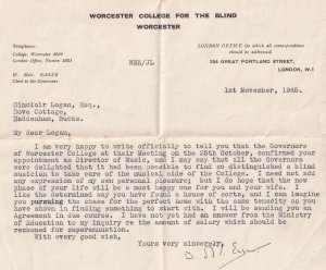 Worcester College For The Blind Classical Composer Hand Signed WW2 Letter