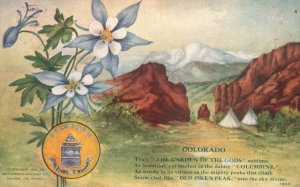 Garden of The Gods Old Pikes Peak Columbine Flowers Colorado Vintage Postcard