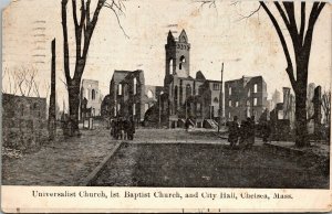 Vtg Chelsea MA Fire 1908 First Baptist & Universalist Church City Hall Postcard