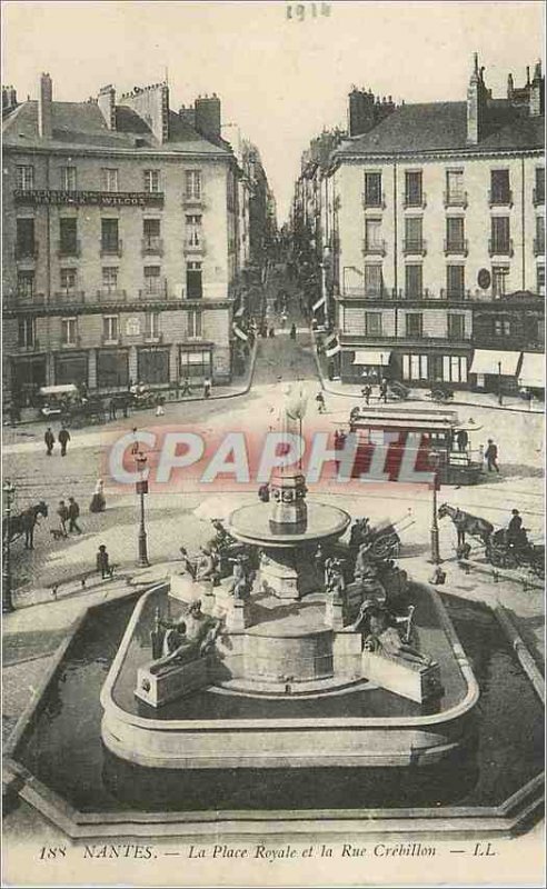 Postcard Old Nantes Place Royale and Rue Crebillon Tramway
