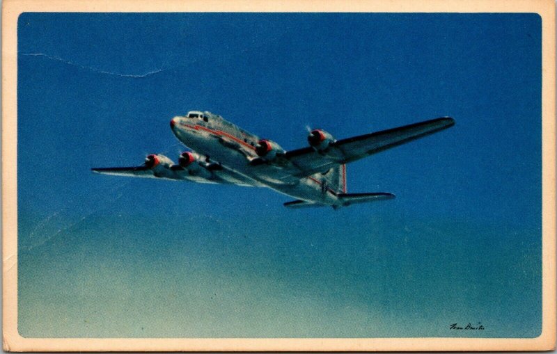 1950s Vintage AMERICAN AIRLINES Postcard Airplane Flagship in Flight Ivan Dmitri