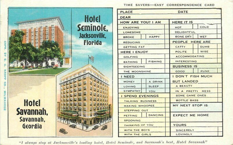 Georgia Savannah Jacksonville Florida Hotels Kropp roadside Postcard 22-6667