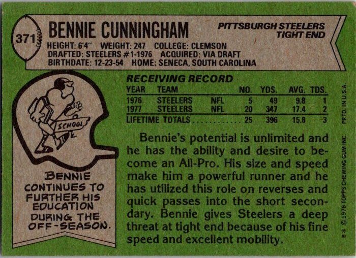 1978 Topps Football Card Bennie Cunningham Pittsburgh Steelers sk7483