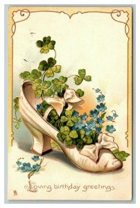 Vintage 1908 Tuck's Birthday Postcard White Shoe Four Leaf Clover Blue Flowers