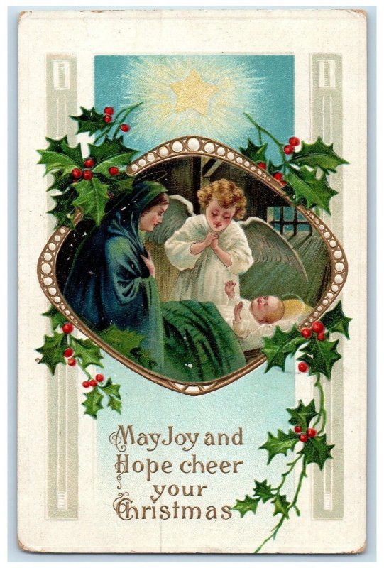 1912 Christmas Holly Baby Angel Religious Star Clapsaddle (?) Embossed Postcard