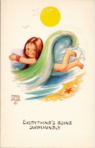 Artist Mabel Lucie Attwell Girl Waves Everything's Going Swimmingly Postcard W8