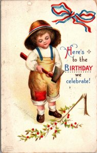 Clapsaddle Postcard Patriotic Little Boy Chopping Down Cherry Tree Washington