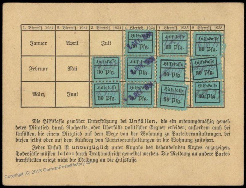 3rd Reich Germany 1934 Membership Revenue Card NSDAP Hilfskasse 77193