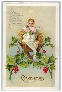Christmas Postcard Angel Religious Holly Berries Embossed c1910's Antique