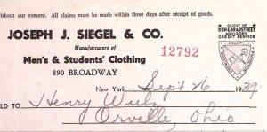 1939 JOSEPH J. SIEGEL MENS CLOTHING NY WALLS ORRVILLE OHIO BILLHEAD INVOICE Z250