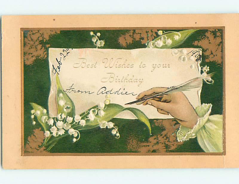 Divided-Back art nouveau FEATHER PEN & LILY OF THE VALLEY FLOWERS r4376