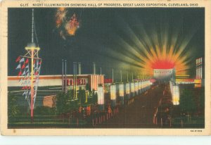 Cleveland Ohio Great Lakes Exposition Hall of Progress at Night Linen Postcard