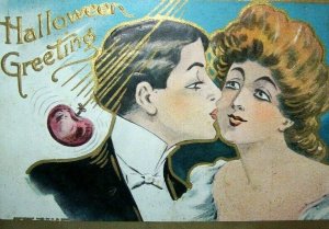Vintage Halloween Postcard Kissing Couple Embossed Antique Original Gold Border