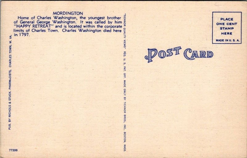 Postcard Mordington Charles Town West Virginia W VA