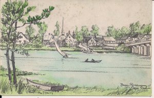 Bass River, South Yarmouth, Cape Cod MA, Artist View E Young 1910s Church, Boats