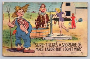 Sure There's a Shortage of Male Labor Comic Linen Postcard Posted 1944