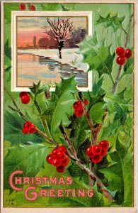 Vtg 1910s Christmas Greetings Holly Berries Gold Gilt Winter Lake Scene Postcard