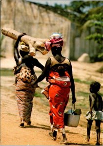 VINTAGE CONTINENTAL SIZE POSTCARD WOMEN CARRYING BABIES ON BACK COTE D'IVORIE