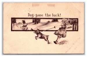 Comic Dog Pulliing on Leash w Little Girl Dog Gone the Luck 1910 DB Postcard J18