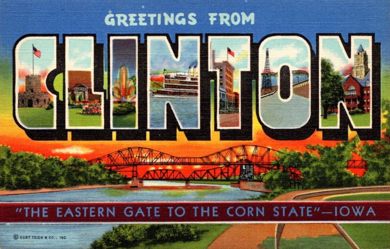 Iowa Greetings From Clinton Large Letter Linen Curteich