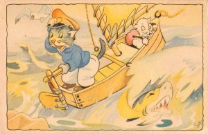 Dressed Cats Sailor Sailboat in Storm Shark Vintage Postcard AA49993