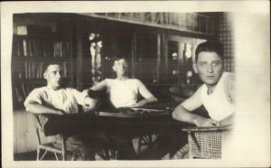 Handsome Young Men Playing Checkers Game TATTOO on Arm Real Photo Postcard