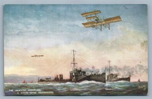 VALKYRIE AEROPLANE & OCEAN GOING DESTROYERS ANTIQUE POSTCARD 