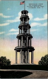 1930s VICKSBURG MS OBSERVATION TOWER NATIONAL MILITARY PARK LINEN POSTCARD 29-40