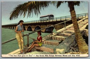 Postcard Seven Mile Bridge FL c1952 The Bus that Goes to Sea Greyhound Bus