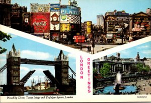 England London Greetings Showing Piccadilly Circus Tower Bridge and Trafalgar...