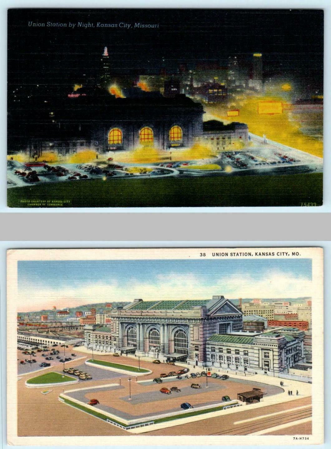 2 Postcards KANSAS CITY, MO Railroad Depot UNION STATION Night/Day