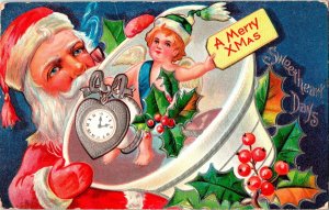 Vintage Winsch Back, Santa Claus, Cupid, Angel, Pocket Watch Christmas Postcard