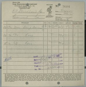 1945 The Provision Company Columbus GA Red Rose Sausage Invoice 317 