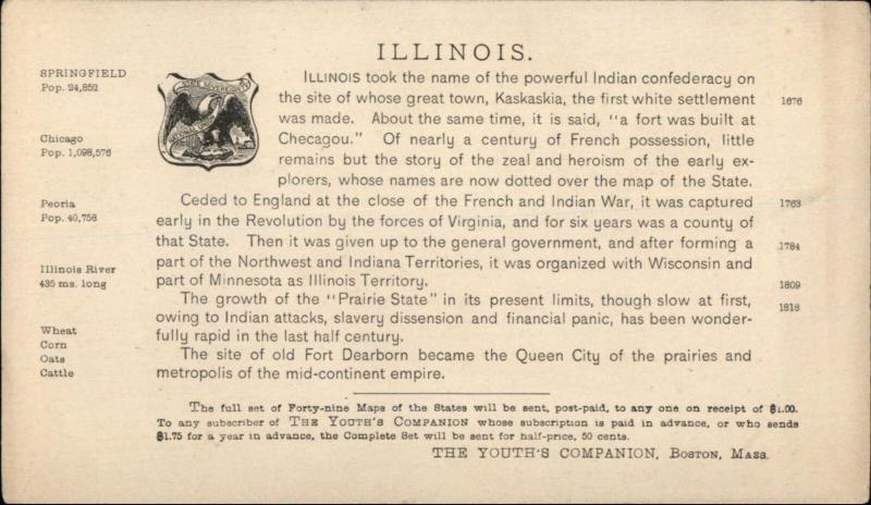 Youth Companion State Map Series ILLINOIS w/ Info on Backside 1891