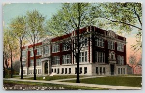 Monmouth Illinois~New High School~Trees Along Front~Houses Behind~c1910 