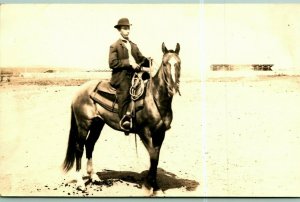 RPPC Man in Bowler Hat On Horse 1913 Kalispell Montana MT Race Track Grandstand