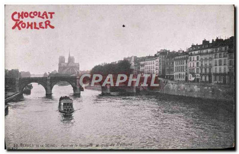 Old Postcard Paris Chocolat Kohler Bridge Spinner and boat dock Bethine barge...