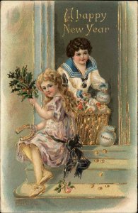 New Year Boy & Girl on Steps Bags of Gold Coins c1910 Postcard