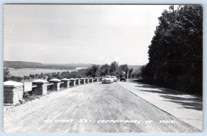 1950's RPPC GUTTENBERG IOWA HIGHWAY 52 MISSISSIPPI RIVER OVERLOOK OLD CARS TRUCK