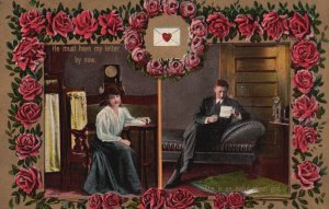 Vintage Postcard Lovers Couple Writing Each Other A Letter Red Roses Romances