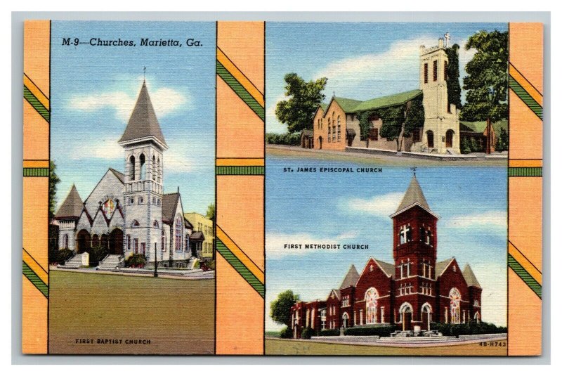 Vintage 1940's Postcard Baptist Methodist & Episcopal Churches Marietta Georgia
